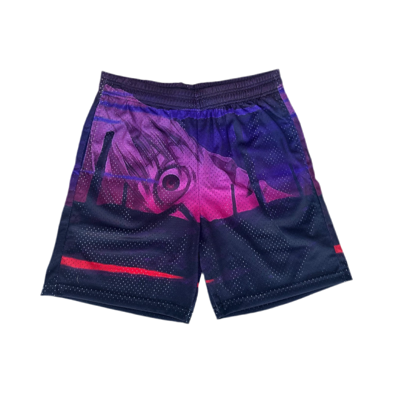 One-of-a-kind mesh shorts inspired by the Third Impact from End of Evangelion. Distorted red and purple scene with abstract chaos and character detail, printed on lightweight athletic mesh. Size Large.