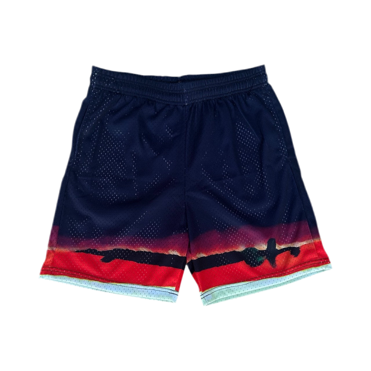 One-of-a-kind mesh shorts inspired by the Third Impact from End of Evangelion. Scenic brush stroke design in red and black across the hem, printed on lightweight athletic mesh. Size Large. Navy, Red and White.
