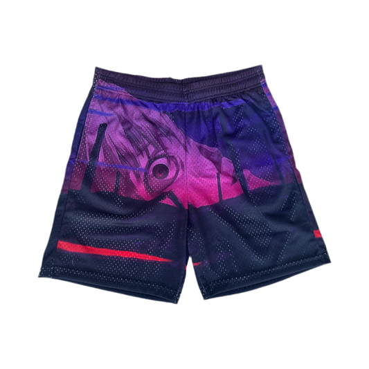 One-of-a-kind mesh shorts inspired by the Third Impact from End of Evangelion. Distorted red and purple scene with abstract chaos and character detail, printed on lightweight athletic mesh. Size Large.