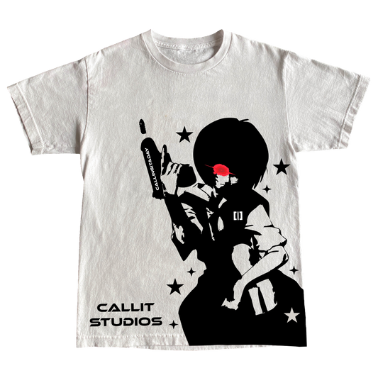 White t-shirt with a large black graphic of Rei Ayanami holding a gun, anime-style print from CALLIT STUDIOS, inspired by 2020 COVID-era streetwear.