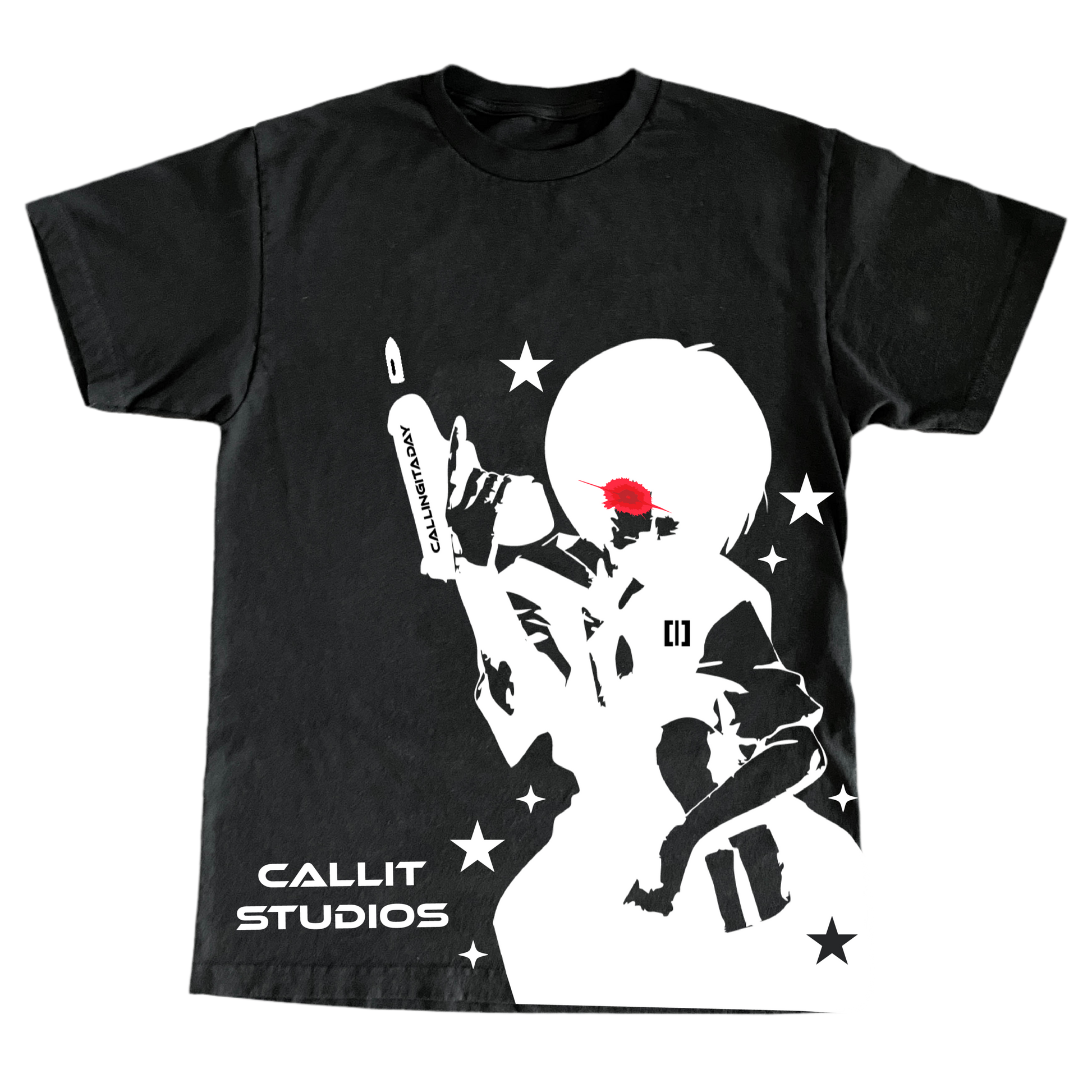 Black CALLIT STUDIOS t-shirt featuring white Rei Ayanami silhouette graphic with red eye and stars, EVA Unit [00] inspired design.