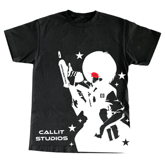 Black CALLIT STUDIOS t-shirt featuring white Rei Ayanami silhouette graphic with red eye and stars, EVA Unit [00] inspired design.