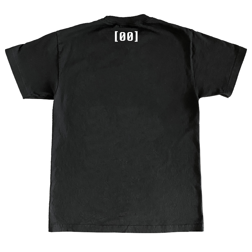Back view of black t-shirt featuring white “[00]” text inspired by EVA Unit [00].