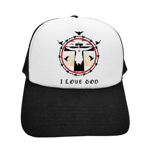 Embroidered trucker cap featuring Lilith-inspired graphic from the Additional Impact scene in Neon Genesis Evangelion, with “I love God” text detail.